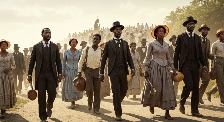 A diverse group of newly freed African Americans, dressed in their best, look towards a hopeful hori