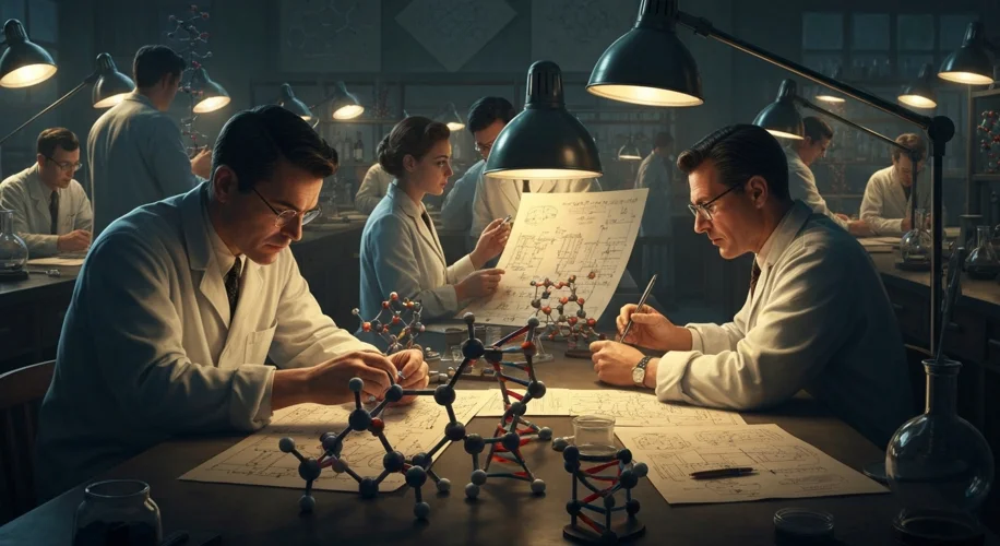 A dramatic depiction of a 1950s laboratory, with scientists poring over complex diagrams and early m