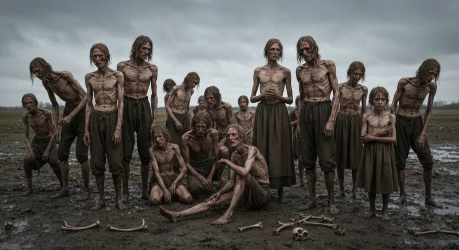 A somber scene depicting the "Starving Time" in Jamestown, showing gaunt, desperate settlers huddled