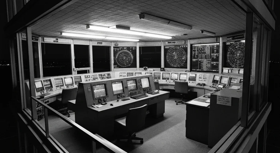 An image of a vintage air traffic control tower with radar screens.