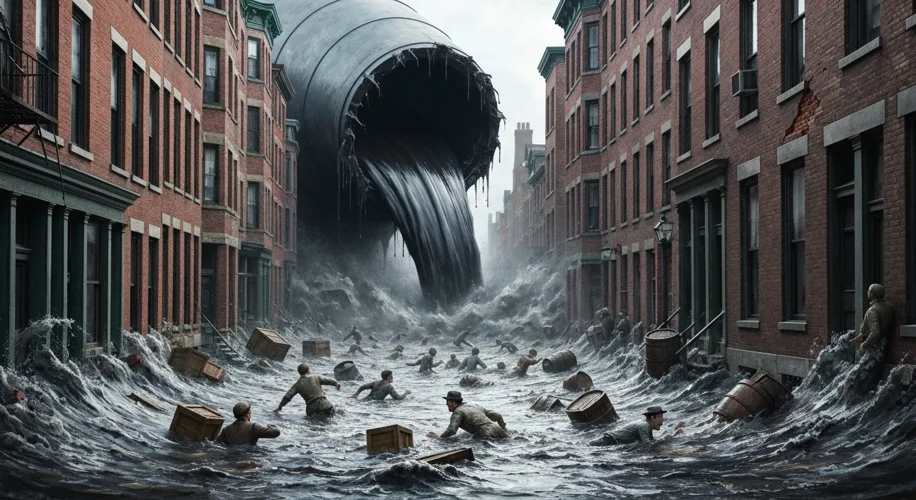 A dark, immense molasses tank bursts open, unleashing a massive wave of dark, viscous liquid onto a