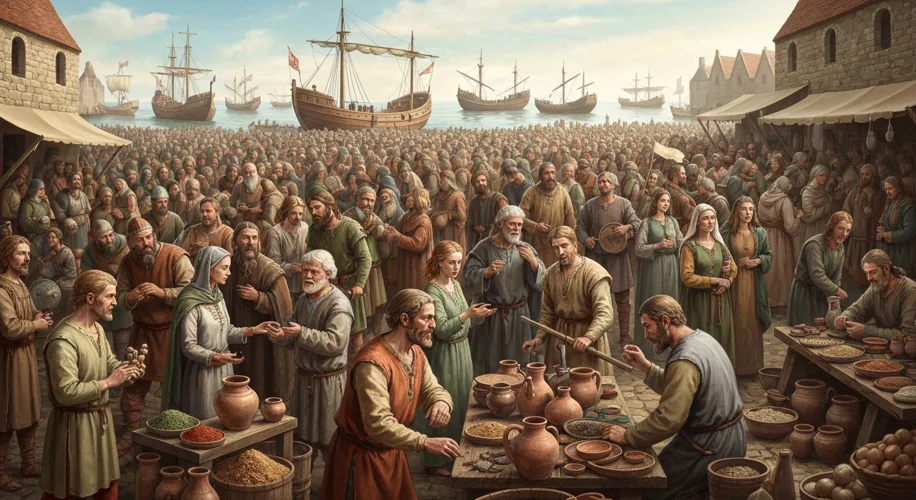 A vibrant medieval marketplace in Anglo-Saxon England, bustling with people of diverse origins. Merc