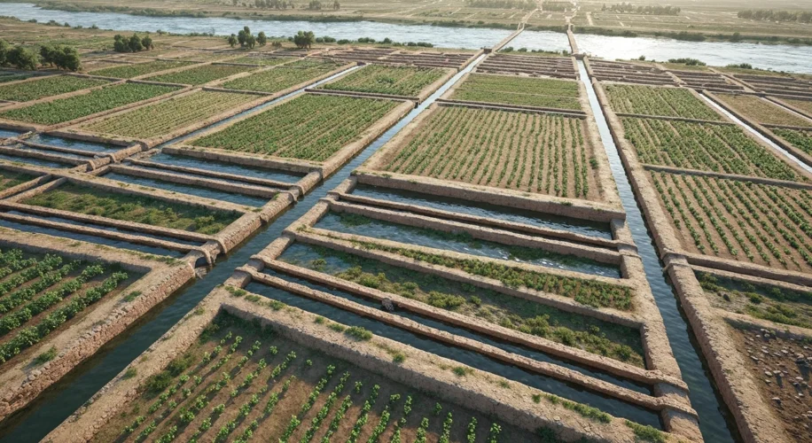 A detailed, overhead view of an ancient Mesopotamian city showing a complex network of canals and ir