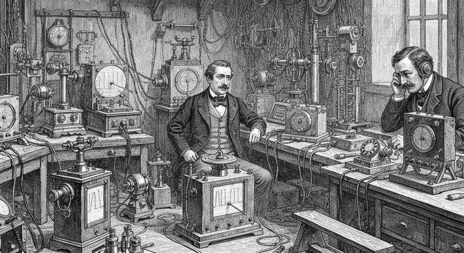 A black and white illustration of Alexander Graham Bell in his workshop, surrounded by wires, early 