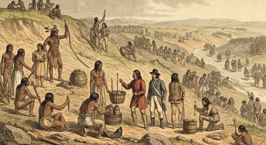 A vintage illustration depicting diverse groups of people – Indigenous peoples, European fur traders
