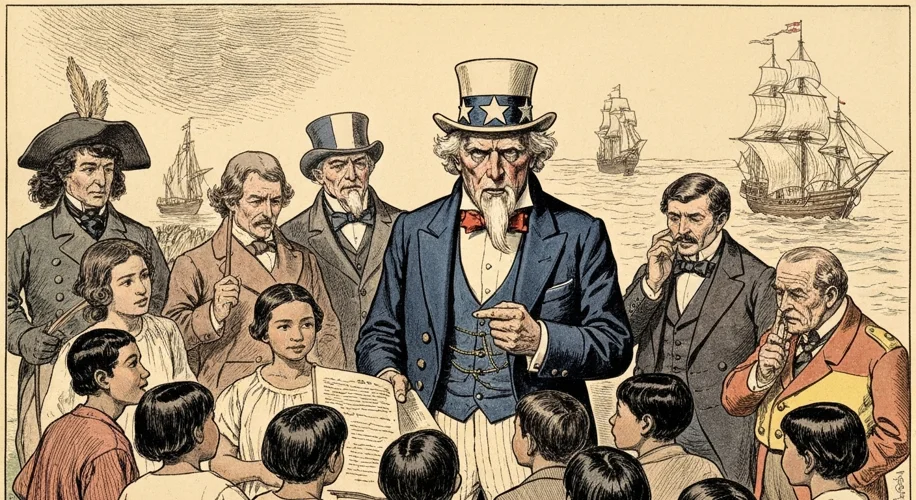 A political cartoon from the early 1900s depicting Uncle Sam as a teacher instructing Filipino child