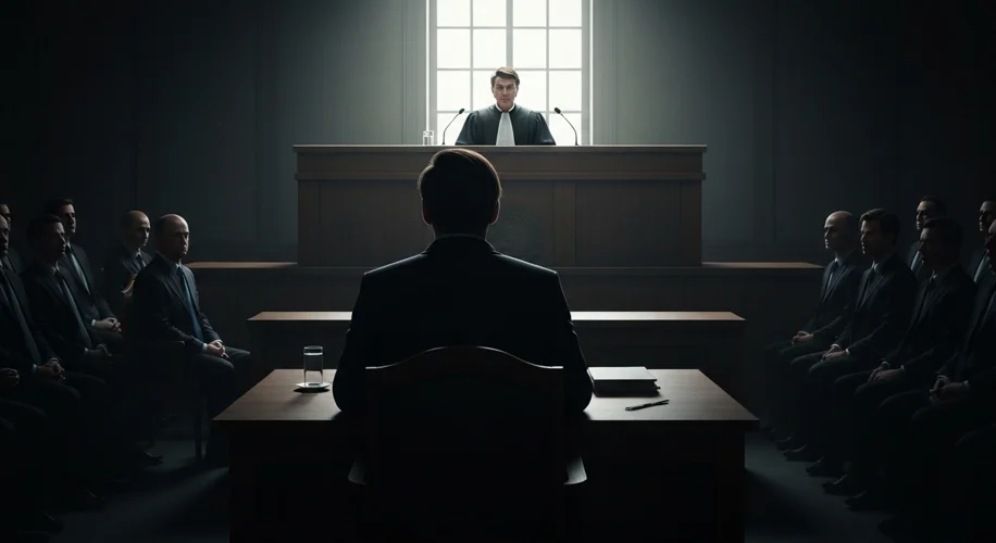 A dramatic courtroom scene with a judge presiding, silhouetted figures in the gallery, and a stern-f