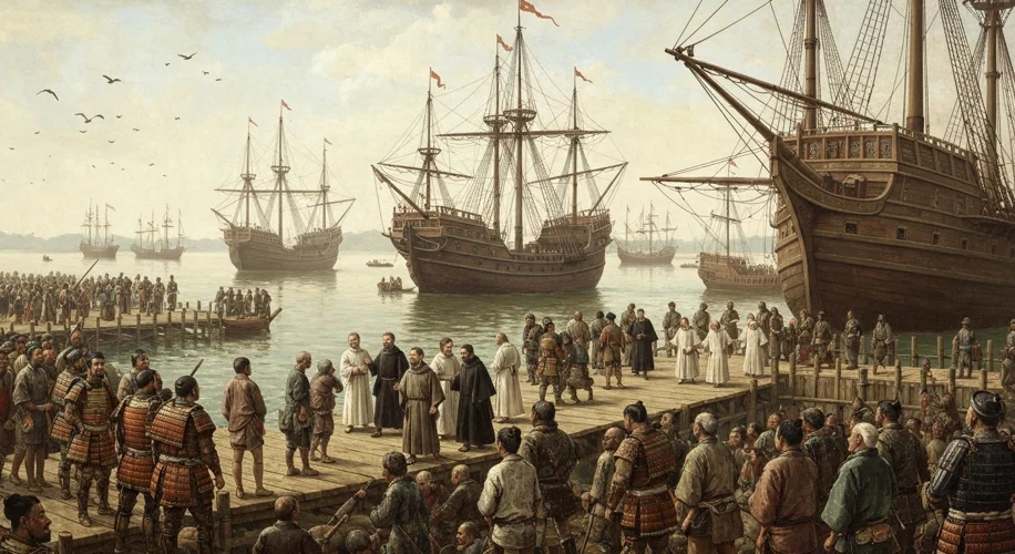 A 16th-century Japanese port with Portuguese carracks in the harbor, and a group of Jesuit missionar