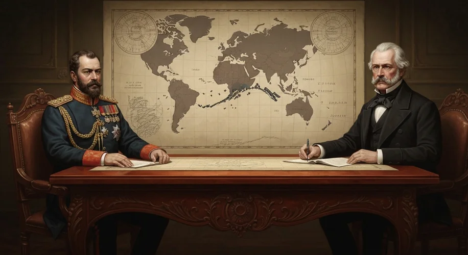A historical painting depicting Tsar Alexander II of Russia and President Andrew Johnson of the Unit