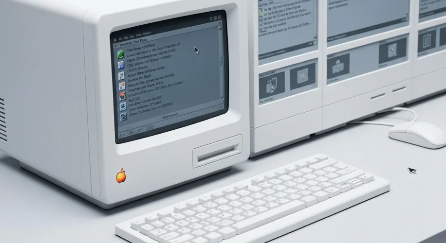 An early Apple Macintosh computer displaying its iconic graphical user interface with windows and a 