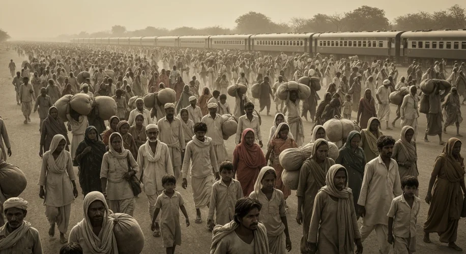 A sepia-toned image of a vast, chaotic crowd of refugees walking along a dusty road, carrying meager