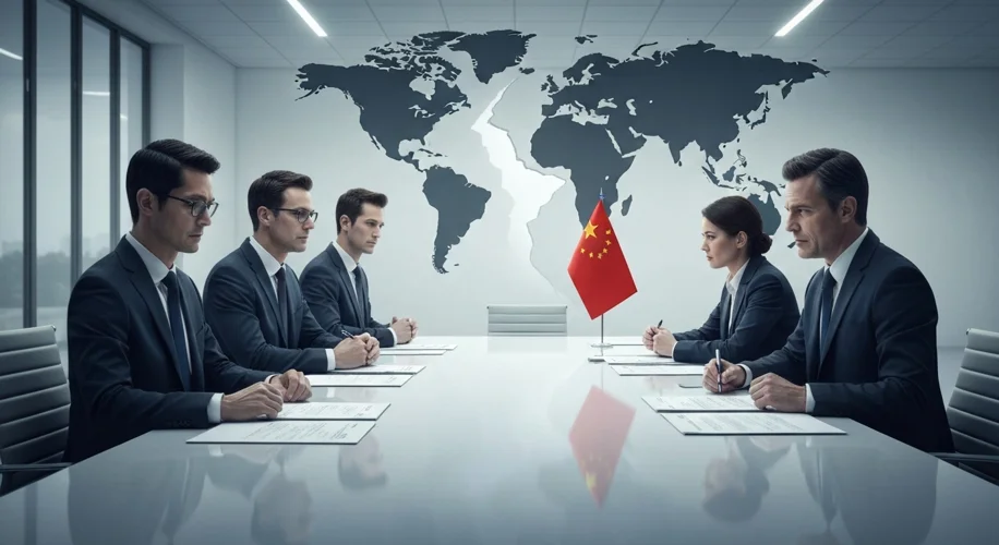 A tense negotiation scene in a modern, sterile conference room between American and Chinese delegate