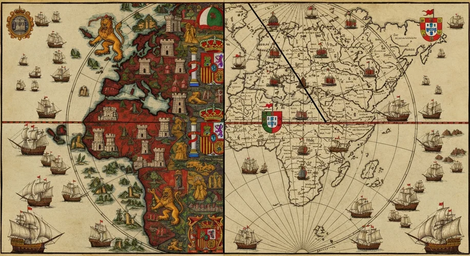 A 15th-century map depicting the world divided by a single meridian line, with Spanish emblems on on