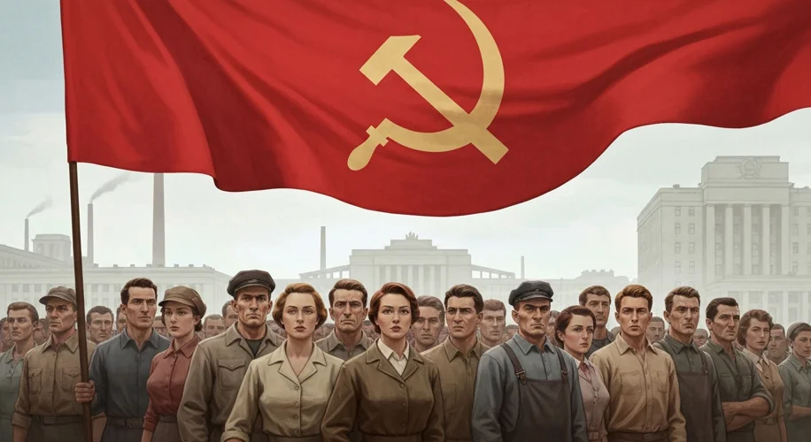 A vintage propaganda poster from post-WWII Poland, depicting workers united under a red banner, with