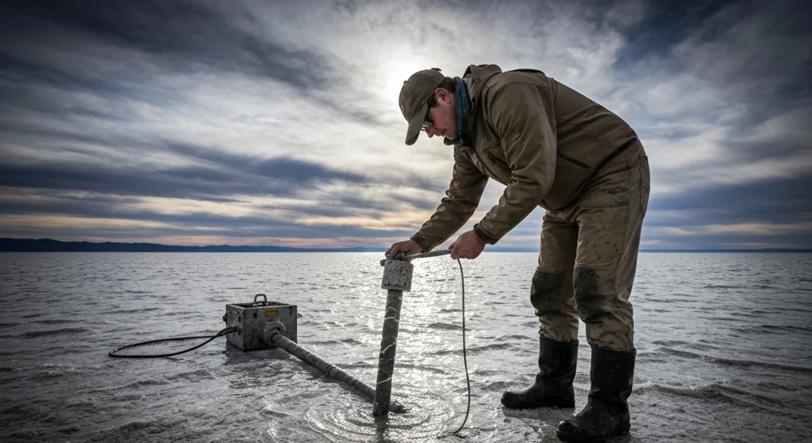 A geologist in rugged outdoor gear examining a core sample with the vast Great Salt Lake stretching 