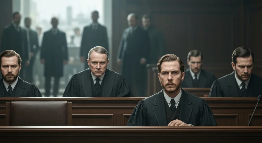 A somber courtroom scene during the investigation of the Great Molasses Flood. Lawyers and witnesses