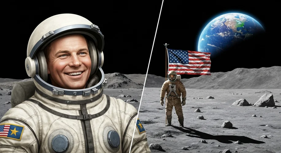 A split image. On the left, Yuri Gagarin in his Vostok spacesuit, smiling. On the right, Neil Armstr
