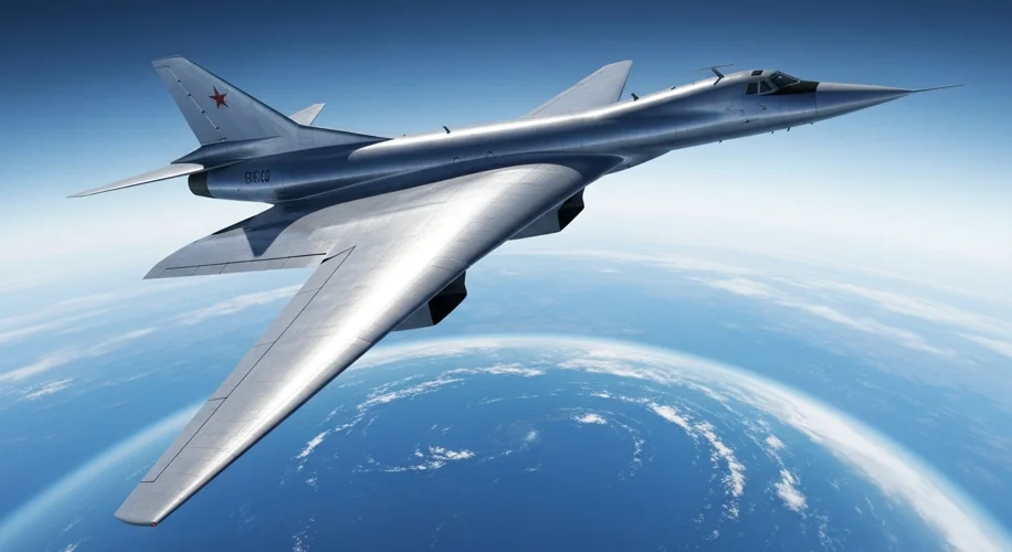 A sleek, silver Soviet Tu-144 supersonic transport aircraft flying at high altitude, with the curvat