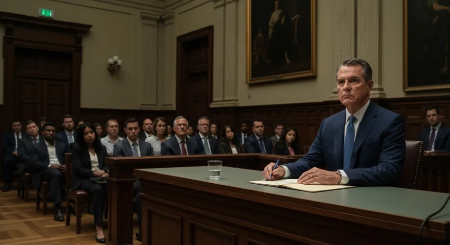A courtroom scene with a jury visible, and Senator Bob Menendez seated at the defense table looking