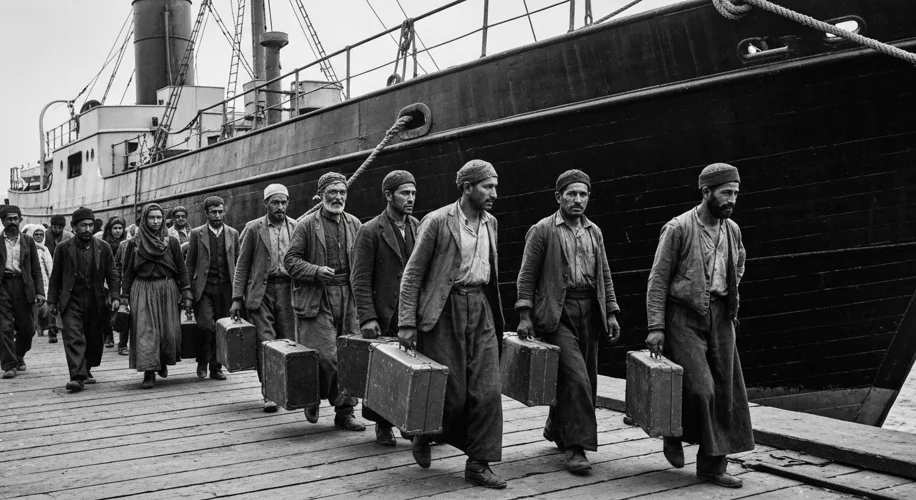 A black and white photograph of a group of Palestinian immigrants disembarking from a ship onto the 