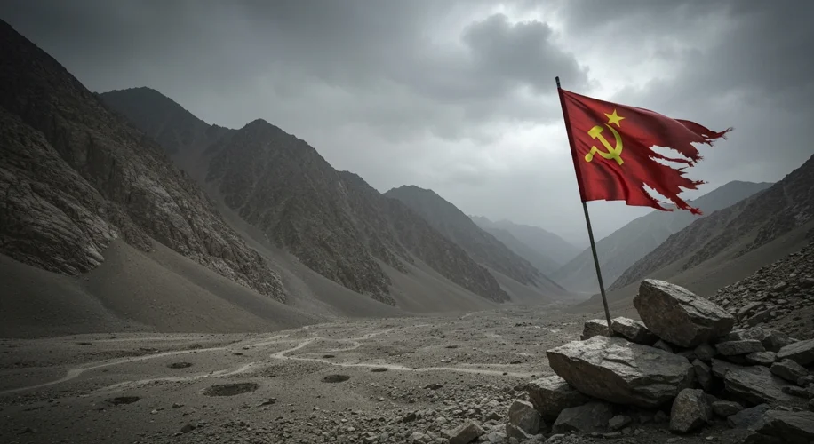 A vast, desolate mountain landscape in Afghanistan, with a lone, tattered Soviet flag fluttering in 