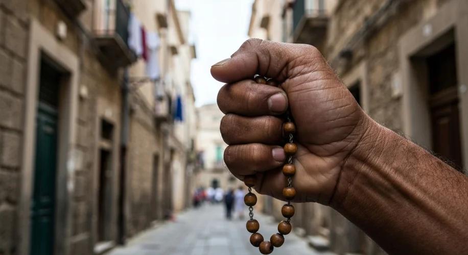 A close-up of a hand holding a rosary, with a blurry Sicilian street scene in the background, symbol