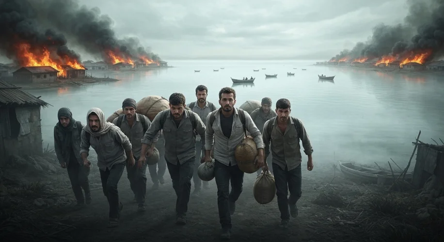 A group of people fleeing their homes, carrying meager belongings, looking back at burning villages 