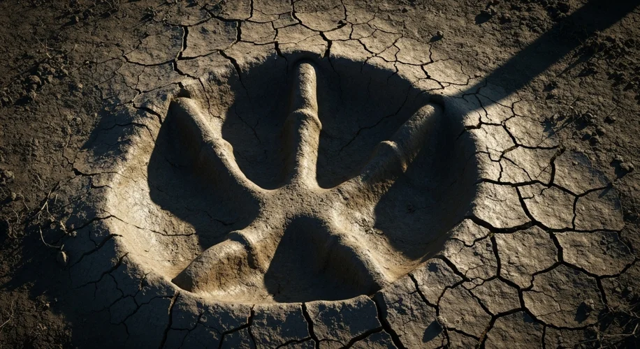 A close-up, detailed view of a large, three-toed dinosaur footprint imprinted in hardened mud, with 