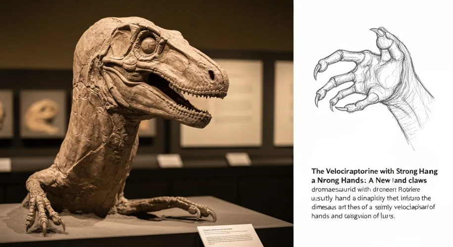 A fossilized forelimb of a dromaeosaurid dinosaur with unusually robust hands and claws, contrasted 