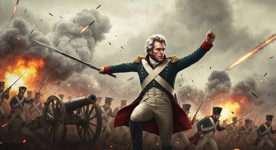 Andrew Jackson leading his troops in the Battle of New Orleans, with smoke and cannon fire filling t