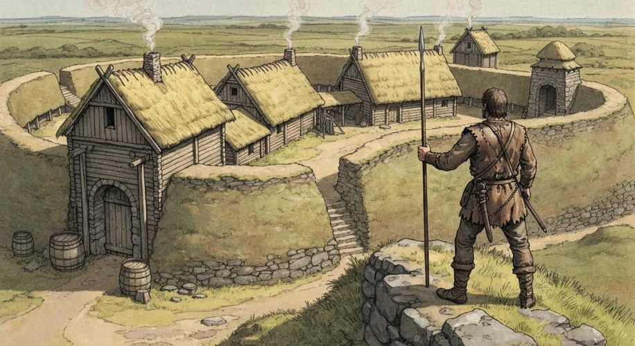 Reconstruction drawing of an early medieval Irish ringfort, depicting timber houses within the earth