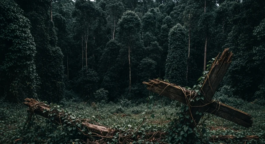 A dense forest landscape with the skeletal remains of a wooden cross barely visible amongst overgrow
