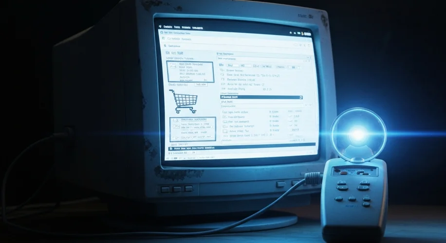 A vintage computer monitor displaying a pixelated early e-commerce website, with a dial-up modem con