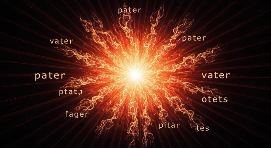 A word cloud with 'father' at the center, radiating out to 'pater', 'father', 'vater', 'pitar', 'ote