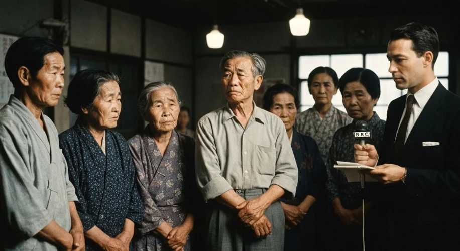 A group of elderly Korean survivors of the Hiroshima atomic bombing are gathered, looking solemn and