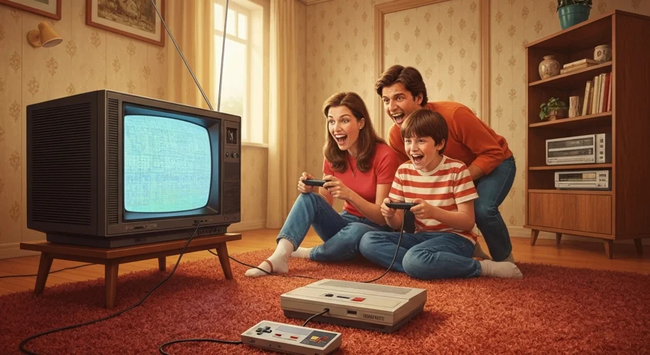 A family gathered around a television in a 1980s living room, playing the Nintendo Entertainment Sys