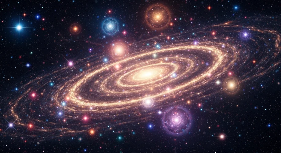A cosmic landscape with swirling galaxies and nebulae, highlighting the delicate balance of physical