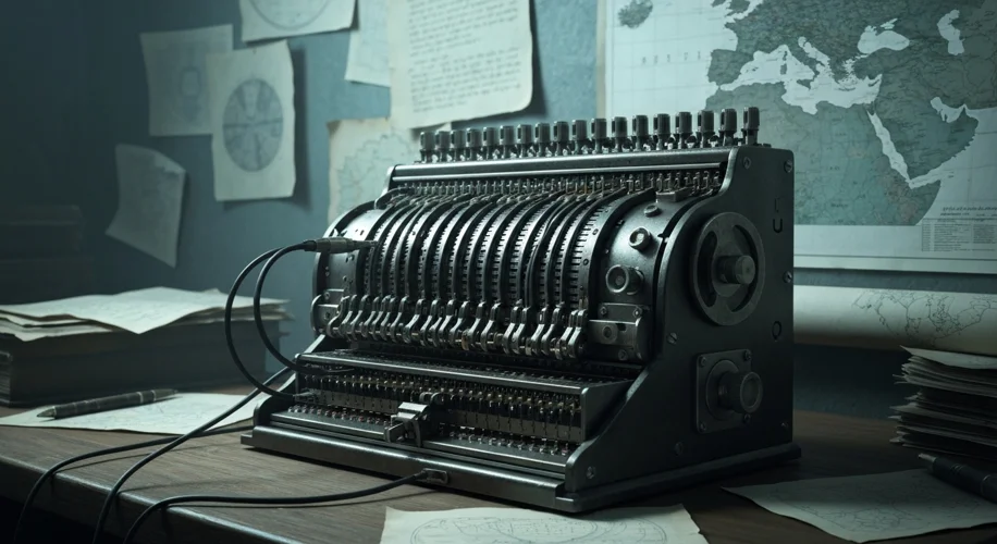 A vintage Enigma machine with its rotors and plugboard visible, set against a backdrop of a dimly li