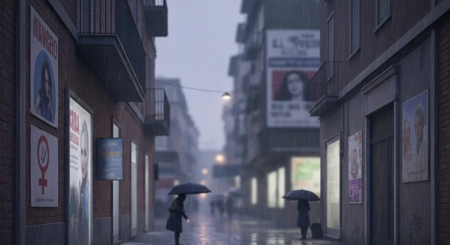 A modern Italian street scene, with posters and flyers depicting women's rights symbols and encourag