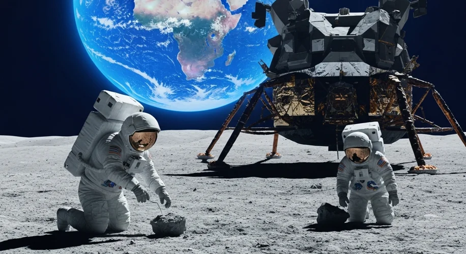 Astronauts on the Moon collecting geological samples, with the lunar module and Earth visible in the