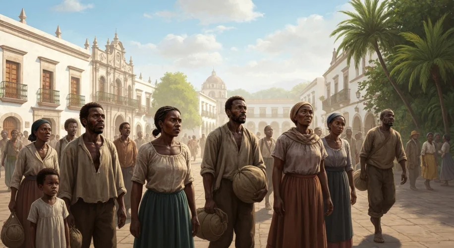 A diverse group of formerly enslaved people, dressed in simple but hopeful clothing, are arriving in