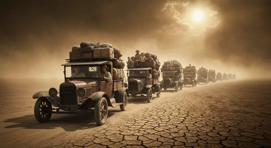A line of dilapidated Model T Ford trucks loaded with families and belongings drives down a dusty ro