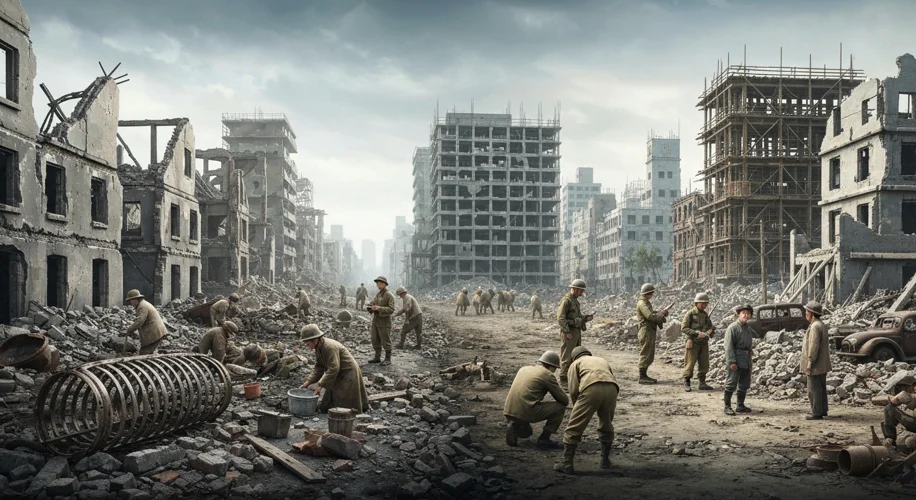 A depiction of a divided Japan in the immediate post-WWII era: on one side, images of destruction an