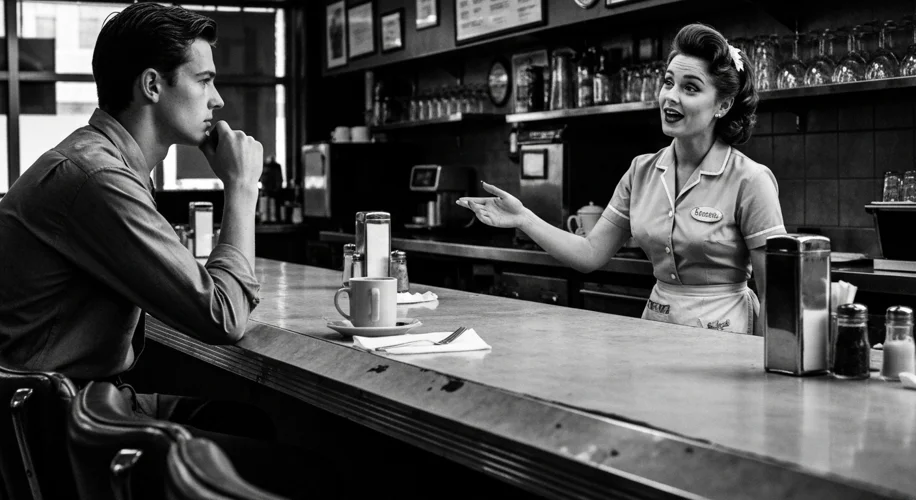 A black and white photograph of a 1950s American diner, with a waitress calling out to a lanky young