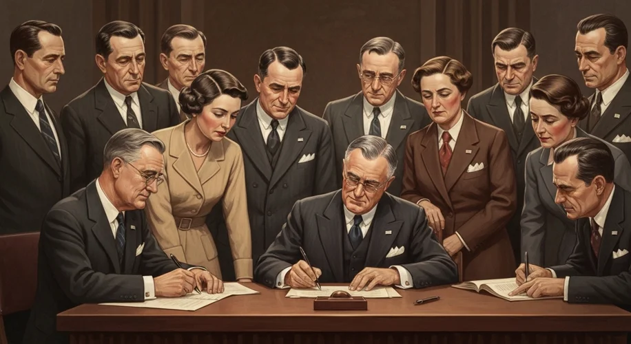 An illustration depicting President Franklin D. Roosevelt signing the Social Security Act of 1935, w