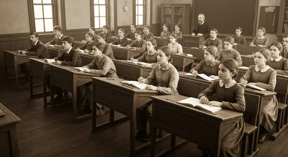 A sepia-toned photograph of a bustling 19th-century classroom filled with rows of attentive students