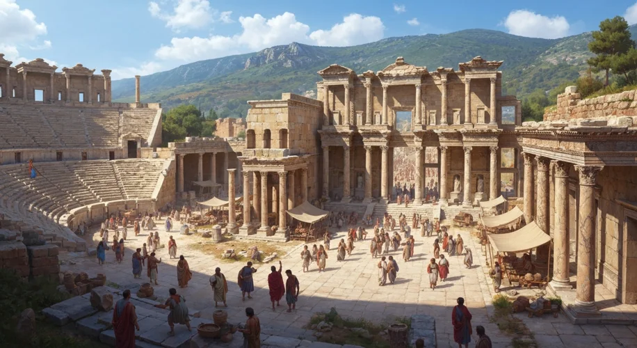 A vibrant reconstruction of the ancient city of Ephesus during the Roman era, showcasing its grand t