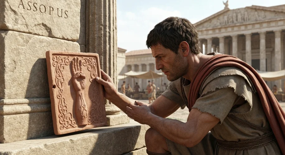A Roman citizen offering a small votive tablet depicting a body part (like an arm) at a temple dedic