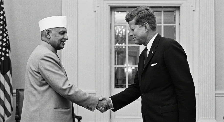 A black and white photograph depicting Jawaharlal Nehru and John F. Kennedy shaking hands at the Whi