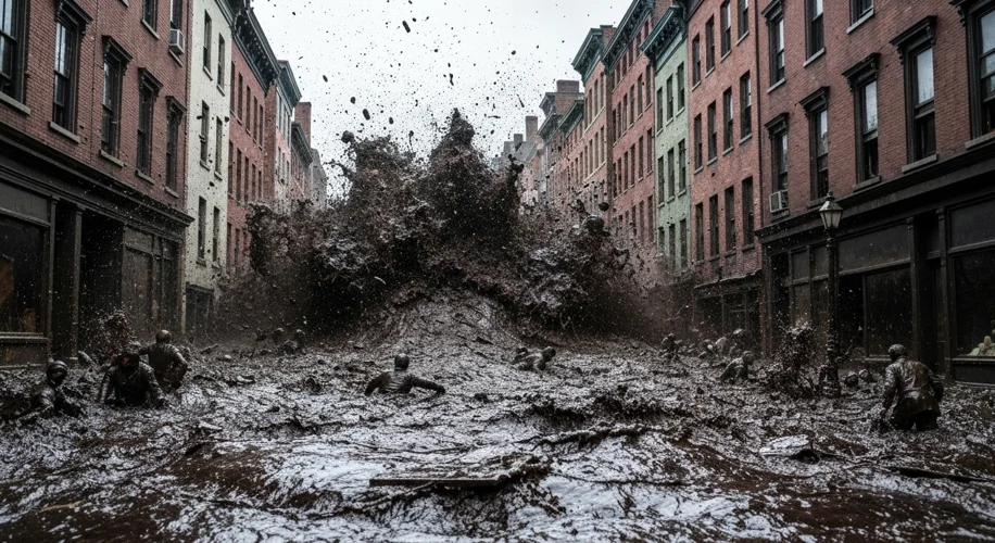 A massive, dark wave of molasses engulfing a street in Boston's North End. Buildings are being swept